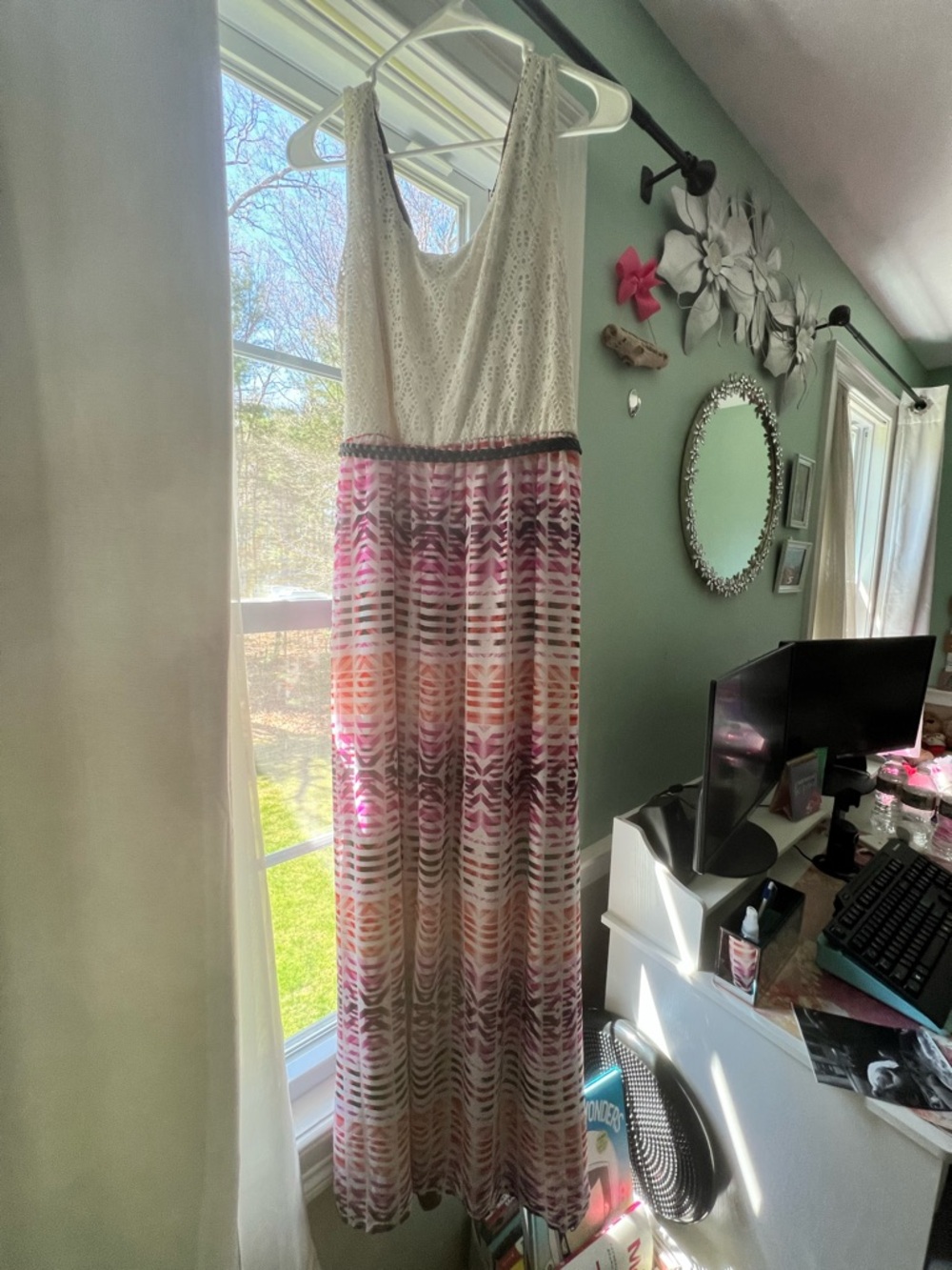 Lily Rose White Crochet Bodice Maxi Dress with Pink and Orange Pattern